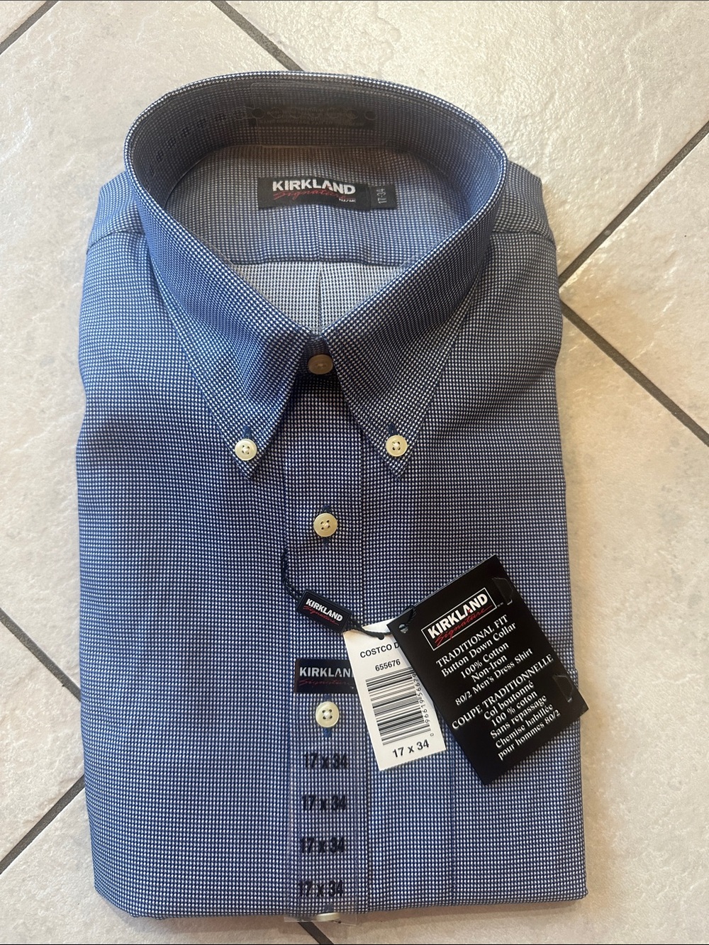 Kirkland Signature Men’s Navy Micro-Check Button-Down Dress Shirt